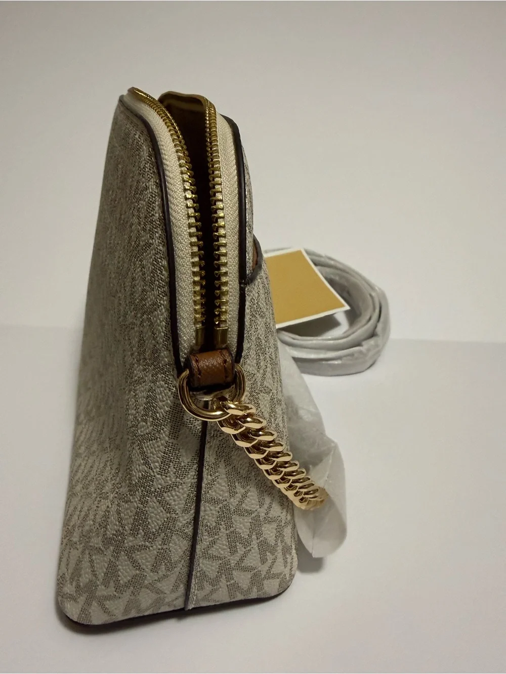 Michael Kors Beige Signature Dome Crossbody with Gold Hardware